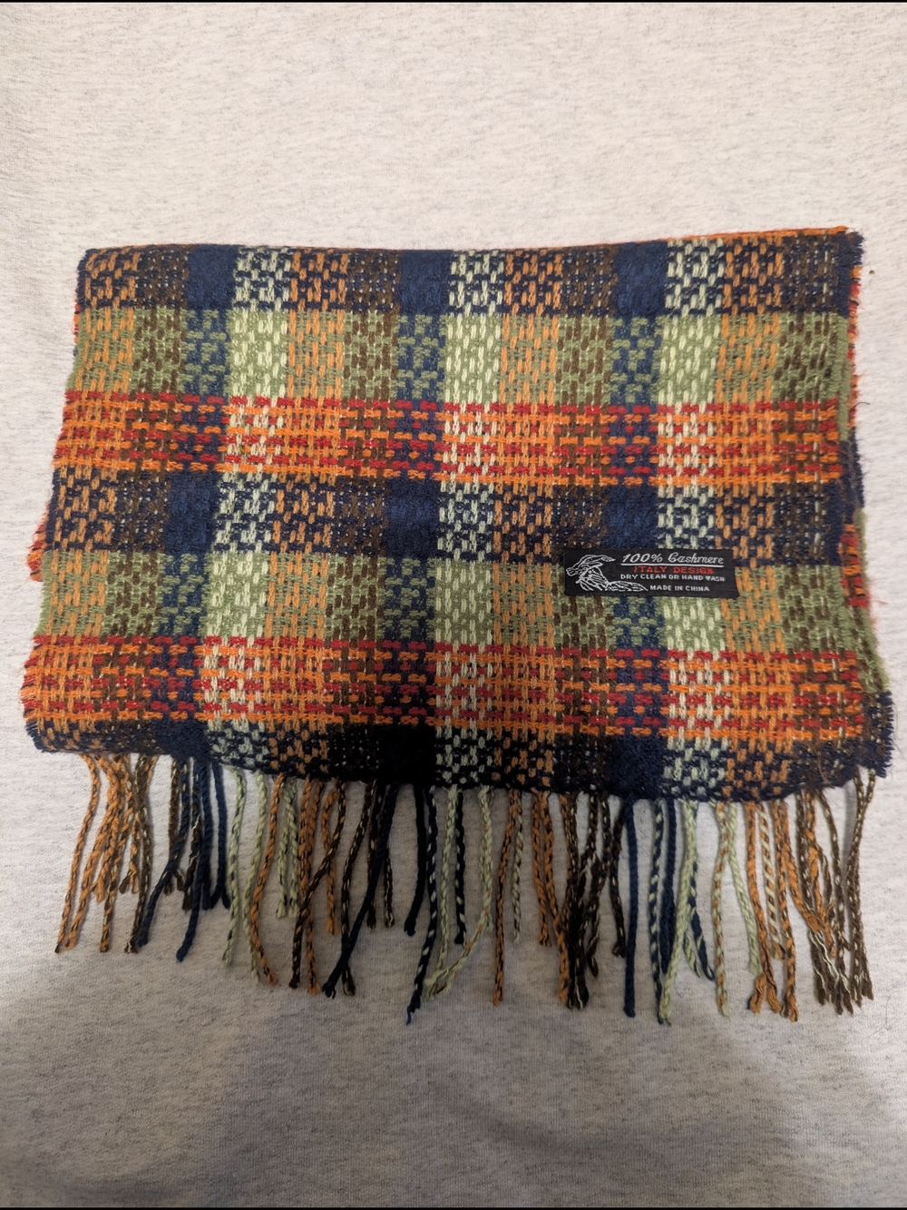 Plaid Fringe Cashmere Scarf in Olive, Navy & Orange